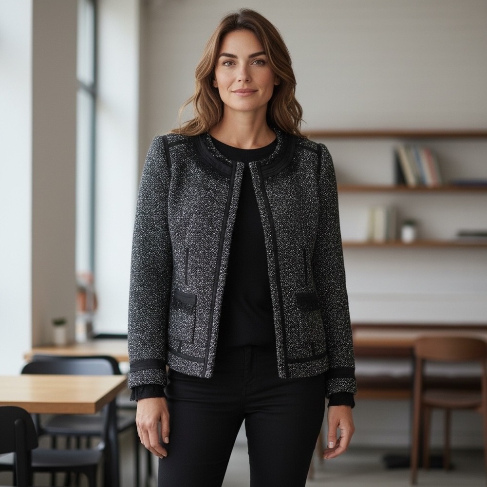 REBECCA TAYLOR Tweed Collarless Jacket Black Tweed Blazer Lace Trim Women's SZ 4 - Picture 1 of 16